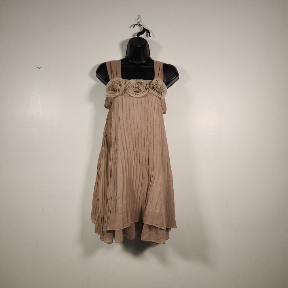 MOON RIVER Mini Dress Womens S Lt Brown Babydoll Sheer Floral Pleats Ethereal